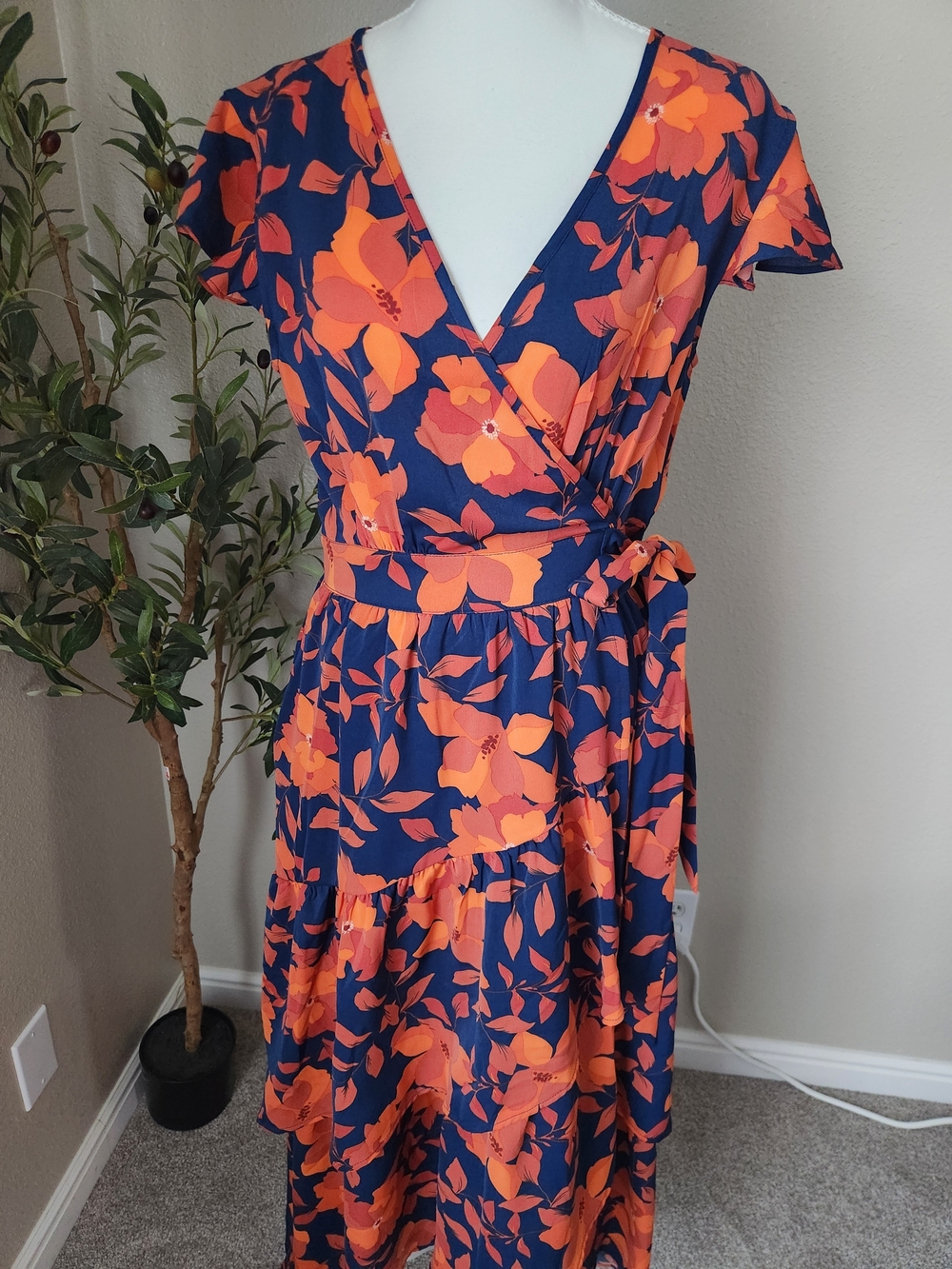 MELLODAY Navy Wrap Maxi Dress with Orange Floral Print